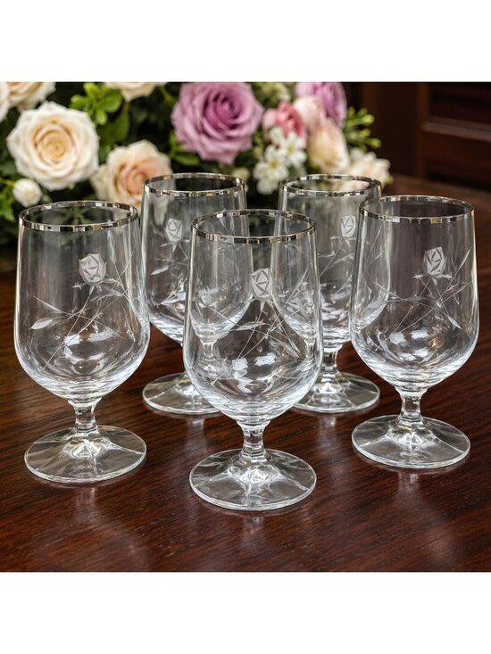 Tiffin or Libbey Other - Set of 6 Vintage Crystal Goblets with Platinum Rim and Wheel-Cut Rose Etching, L